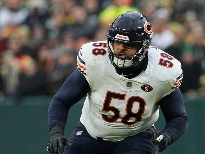 January 7, 2024; Green Bay, Wisconsin, USA; Chicago Bears running back Darnell Wright (58) during the game against the Green Bay Packers at Lambeau Field. Mandatory Credit: Jeff Hanisch-USA TODAY Sports